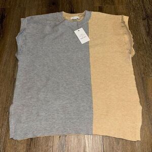 Cara Santana x Nine West Cuffed Sleeveless Gray & Tan Crew‎ Neck Sweater Top L